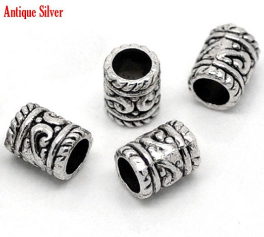 BD304 - 50 pcs Antique Silver Tube Carved Spacer Beads - 6mm x 8mm - Hole Size: 4mm