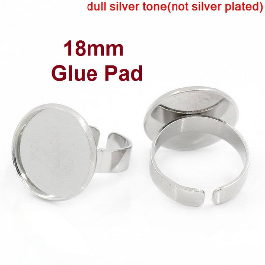 A018 - 10 pcs. Silver Tone ADJUSTABLE Cabochon Setting Bezel RING bases settings - Ring Size 8 US - Glue Pad 18mm