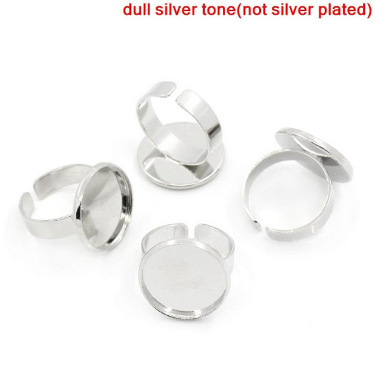 A018 - 10 pcs. Silver Tone ADJUSTABLE Cabochon Setting Bezel RING bases settings - Ring Size 8 US - Glue Pad 18mm