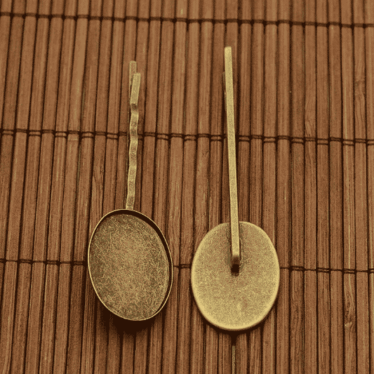 H075 - 10 pcs. Antique Bronze Hair Bobby Pins Cabochons Bezels - 25mm x 18mm Oval Glue Pad