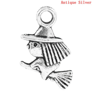 P179 - 50 pcs. Antique Silver Witch and Broom Halloween Charms Pendants - 13mm x 10mm