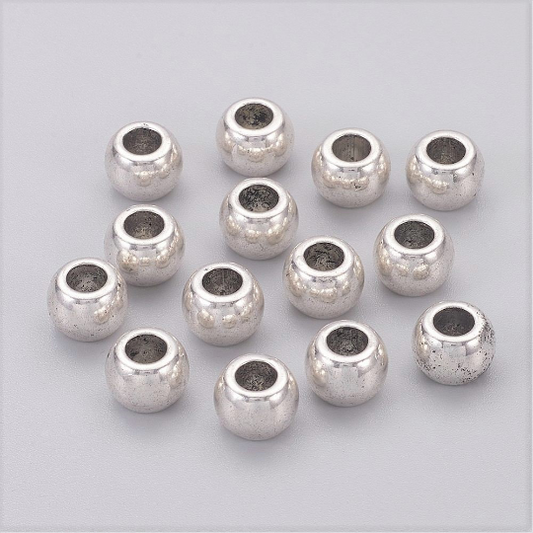 BD613 - 50 pcs Antique Silver Tone METAL Smooth Ball Spacer Beads - 10mm - Large Hole: 4.6mm - Fits European Cords and Paracord!