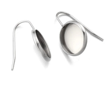 E045 - 10 pcs. 304 Stainless Steel Silver Tone Earring Hooks Settings Bezels Cabochons - 10mm Glue Pad Setting