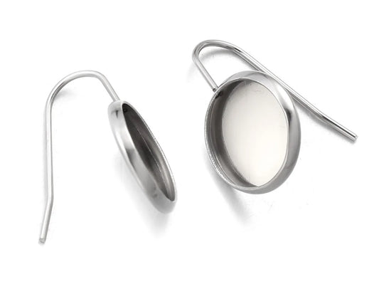 E045 - 10 pcs. 304 Stainless Steel Silver Tone Earring Hooks Settings Bezels Cabochons - 10mm Glue Pad Setting