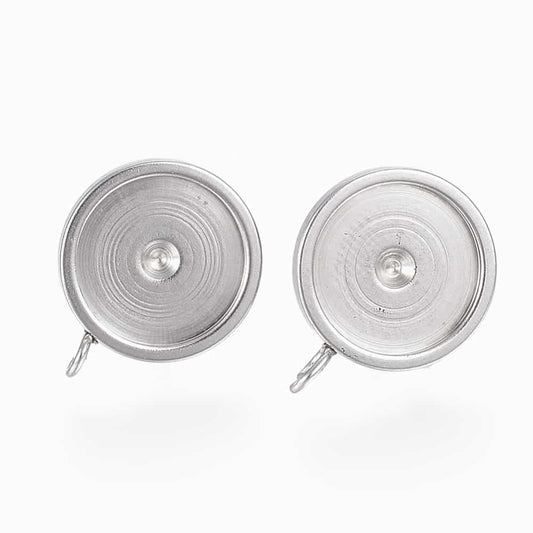 E107 - 10 pcs 304 Stainless Steel Silver Earring Posts Studs Settings Bezels Cabochons Tacks with Loop - 12mm Glue Pad Setting - Perpendicular Loop