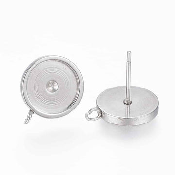 E107 - 10 pcs 304 Stainless Steel Silver Earring Posts Studs Settings Bezels Cabochons Tacks with Loop - 12mm Glue Pad Setting - Perpendicular Loop