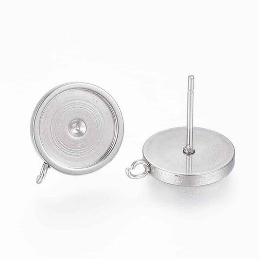 E107 - 10 pcs 304 Stainless Steel Silver Earring Posts Studs Settings Bezels Cabochons Tacks with Loop - 12mm Glue Pad Setting - Perpendicular Loop