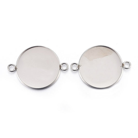 P639 - 5 pcs. 304 Stainless Steel Silver Tone Circle Round Bezel Cabochon Cameo Connector Tags Trays - 25mm Glue Pad (1 inch) - Tarnish Resistant!