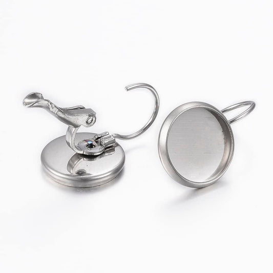 E259 - 10 pcs. 304 Stainless Steel Earring Clips Settings Lever Back Bezels Cabochons - 10mm Glue Pad Setting
