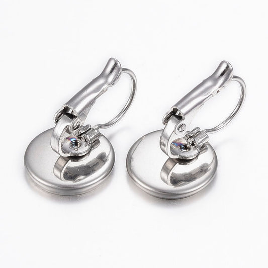 E226 - 10 pcs. 304 Stainless Steel Earring Clips Settings Lever Back Bezels Cabochons - 12mm Glue Pad Setting - Small Profile Lever
