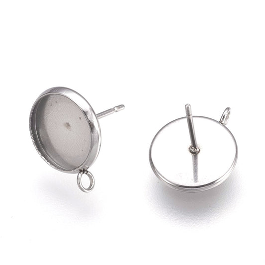 E208 - 10 pcs. 304 Stainless Steel Earring Posts Studs Settings Bezels Cabochons Tacks with Perpendicular Loop - 8mm Glue Pad Setting