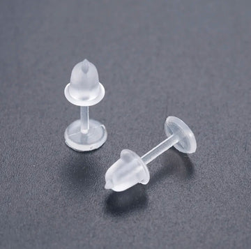 E631 - 50 pcs (25 Pairs) Clear Plastic Earring Posts with Back Stoppers - 12mm x 5mm - 5mm Glue Pad Base