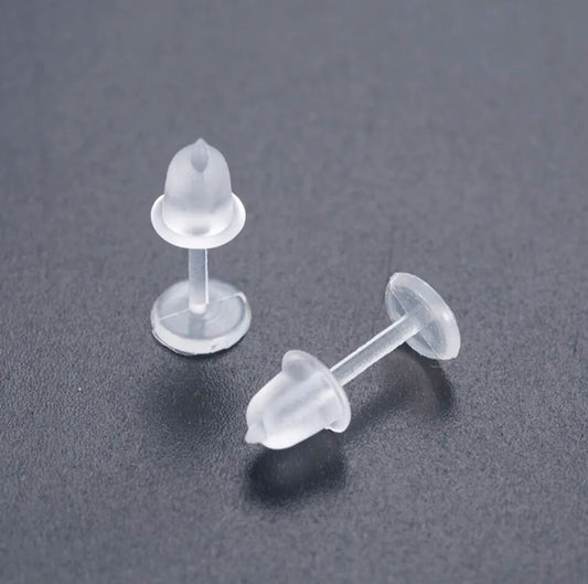 E631 - 50 pcs (25 Pairs) Clear Plastic Earring Posts with Back Stoppers - 12mm x 5mm - 5mm Glue Pad Base