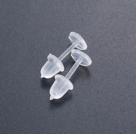 E631 - 50 pcs (25 Pairs) Clear Plastic Earring Posts with Back Stoppers - 12mm x 5mm - 5mm Glue Pad Base