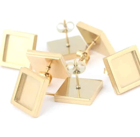 E648 - 6 pcs. 304 Stainless Steel Gold Plated Square Earring Posts Studs Settings Bezels Cabochons Tacks- 10mm x 10mm Glue Pad Setting