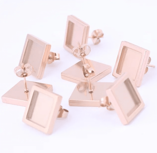 E649 - 6 pcs. 304 Stainless Steel Rose Gold Plated Square Earring Posts Studs Settings Bezels Cabochons Tacks- 10mm x 10mm Glue Pad Setting