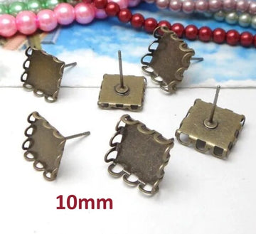 E651 - 10 pcs. Antique Bronze Earring Posts Studs Settings Bezels Cabochons Tacks - 10mm x 10mm Glue Pad Setting - Square - Crown Design