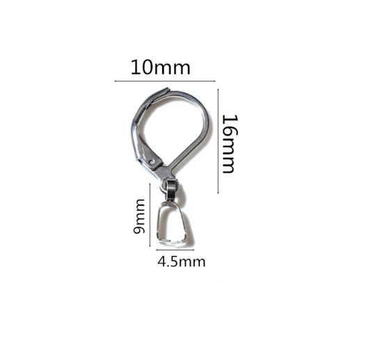 E669 - 10 pcs 304 Stainless Steel Earring Leverback Hooks - 25mm x 10mm - With Pinch Clips Bails - Silver Tone