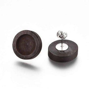 E811 - 10 pcs. Iron Earring Posts Studs Settings Bezels Cabochons Tacks - 12mm Glue Pad Setting - Silver Tone - Wood Bezel - Dark Brown