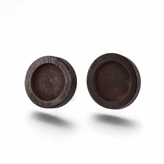 E811 - 10 pcs. Iron Earring Posts Studs Settings Bezels Cabochons Tacks - 12mm Glue Pad Setting - Silver Tone - Wood Bezel - Dark Brown