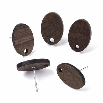 E821 - 10 pcs. 304 Stainless Steel Earring Posts Studs Settings Cabochons Tacks - 15mm - Wood - Brown - Oval