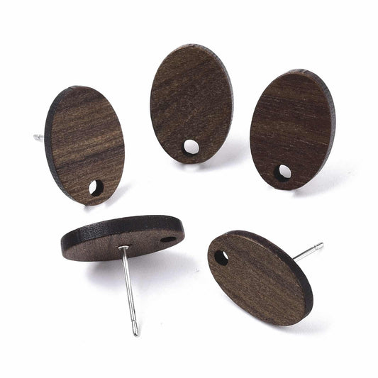 E821 - 10 pcs. 304 Stainless Steel Earring Posts Studs Settings Cabochons Tacks - 15mm - Wood - Brown - Oval