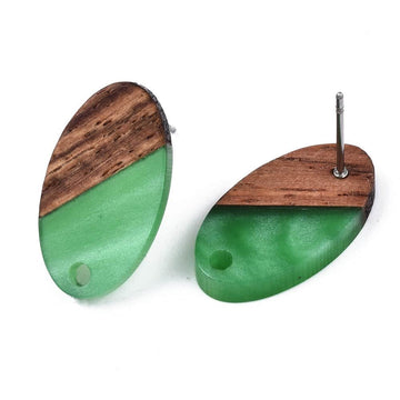 E822 - 10 pcs. 304 Stainless Steel Earring Posts Studs Settings Cabochons Tacks - 20mm - Wood and Resin - Brown and Green - Oval