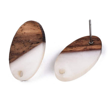 E823 - 10 pcs. 304 Stainless Steel Earring Posts Studs Settings Cabochons Tacks - 20mm - Wood and Resin - Brown and White - Oval