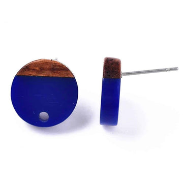 E831 - 10 pcs. 304 Stainless Steel Earring Posts Studs Settings Cabochons Tacks - 14mm Diameter - Wood and Resin - Brown and Blue