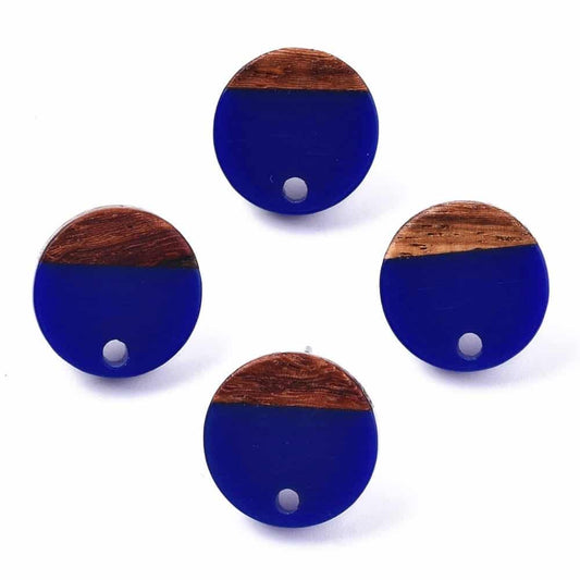 E831 - 10 pcs. 304 Stainless Steel Earring Posts Studs Settings Cabochons Tacks - 14mm Diameter - Wood and Resin - Brown and Blue