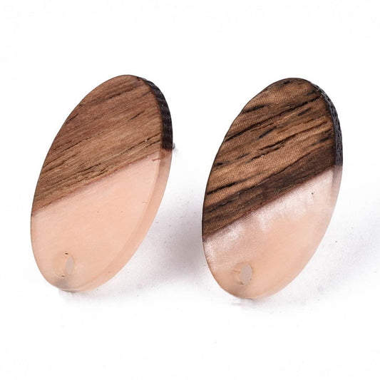 E824 - 10 pcs. 304 Stainless Steel Earring Posts Studs Settings Cabochons Tacks - 20mm - Wood and Resin - Brown and Coral - Oval
