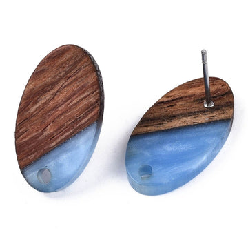 E825 - 10 pcs. 304 Stainless Steel Earring Posts Studs Settings Cabochons Tacks - 20mm - Wood and Resin - Brown and Blue - Oval