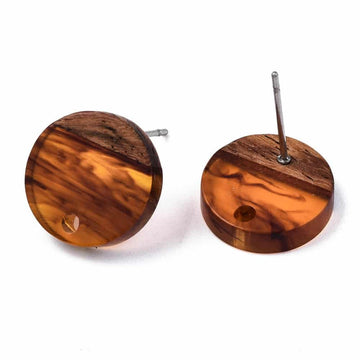 E826 - 10 pcs. 304 Stainless Steel Earring Posts Studs Settings Cabochons Tacks - 14mm Diameter - Wood and Resin - Brown and Amber