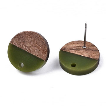 E827 - 10 pcs. 304 Stainless Steel Earring Posts Studs Settings Cabochons Tacks - 15mm Diameter - Wood and Resin - Brown and Green