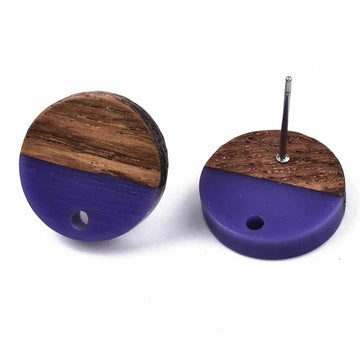 E829 - 10 pcs. 304 Stainless Steel Earring Posts Studs Settings Cabochons Tacks - 15mm Diameter - Wood and Resin - Brown and Purple