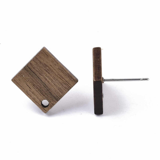 E830 - 10 pcs. 304 Stainless Steel Earring Posts Studs Settings Cabochons Tacks - 17mm - Wood - Brown - Square Diamond