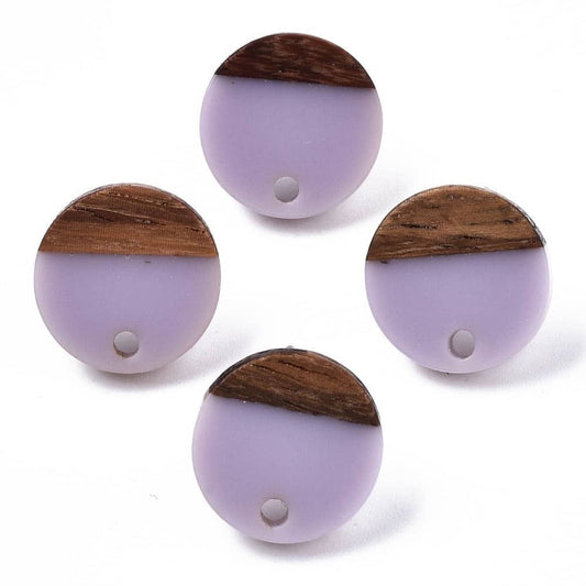 E834 - 10 pcs. 304 Stainless Steel Earring Posts Studs Settings Cabochons Tacks - 14mm Diameter - Wood and Resin - Brown and Lavender