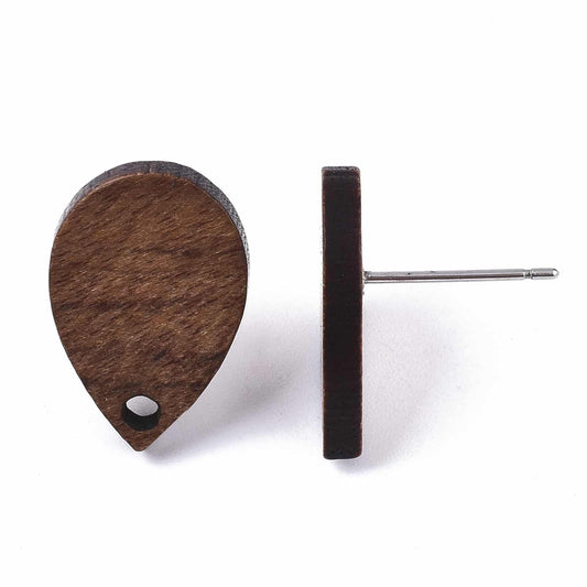 E835 - 10 pcs. 304 Stainless Steel Earring Posts Studs Settings Cabochons Tacks - 17mm - Wood - Brown - Teardrop