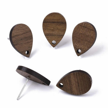 E835 - 10 pcs. 304 Stainless Steel Earring Posts Studs Settings Cabochons Tacks - 17mm - Wood - Brown - Teardrop