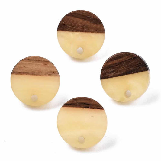 E836 - 10 pcs. 304 Stainless Steel Earring Posts Studs Settings Cabochons Tacks - 14mm Diameter - Wood and Resin - Brown and Khaki