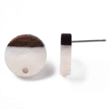 E838 - 10 pcs. 304 Stainless Steel Earring Posts Studs Settings Cabochons Tacks - 14mm Diameter - Wood and Resin - Brown and White