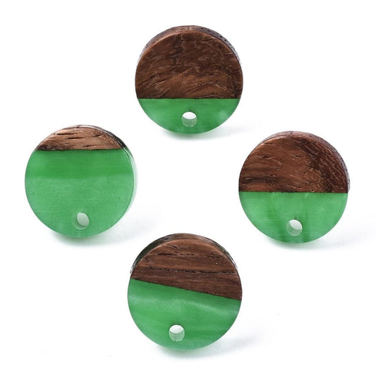 E839 - 10 pcs. 304 Stainless Steel Earring Posts Studs Settings Cabochons Tacks - 14mm Diameter - Wood and Resin - Brown and Green