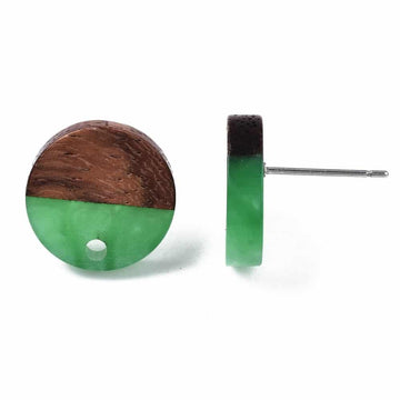 E839 - 10 pcs. 304 Stainless Steel Earring Posts Studs Settings Cabochons Tacks - 14mm Diameter - Wood and Resin - Brown and Green