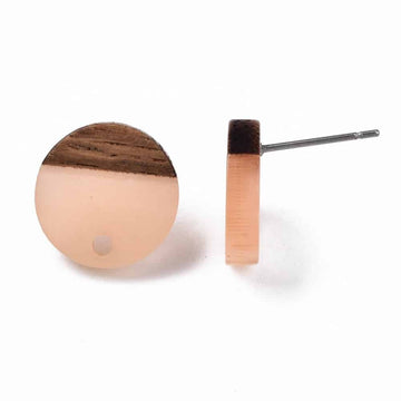 E840 - 10 pcs. 304 Stainless Steel Earring Posts Studs Settings Cabochons Tacks - 14mm Diameter - Wood and Resin - Brown and Coral Salmon