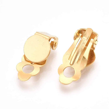 E844 - 10 pcs. 304 Stainless Steel Hinged Earring Clip-Ons Settings - 8mm Glue Pad Setting - Golden