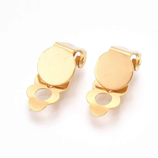 E844 - 10 pcs. 304 Stainless Steel Hinged Earring Clip-Ons Settings - 8mm Glue Pad Setting - Golden