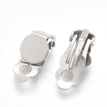 E845 - 10 pcs. 304 Stainless Steel Hinged Earring Clip-Ons Settings - 8mm Glue Pad Setting - Silver Tone
