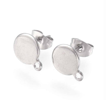 E850 - 10 pcs. (5 pairs) 304 Stainless Steel Silver Tone Earring Posts/Bases/Studs/Settings - 11mm x 8mm - 8mm Diameter - Hole Size: 1.4mm