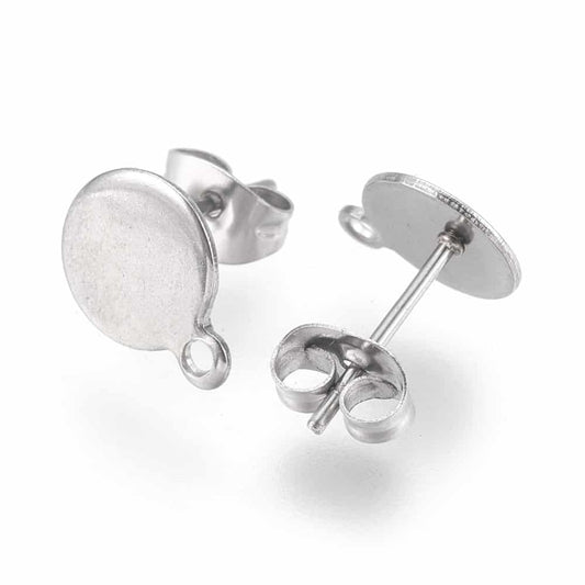 E850 - 10 pcs. (5 pairs) 304 Stainless Steel Silver Tone Earring Posts/Bases/Studs/Settings - 11mm x 8mm - 8mm Diameter - Hole Size: 1.4mm