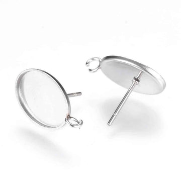 E860 - 10 pcs. 304 Stainless Steel Si;ver Tone Earring Tacks Posts Studs Settings Bezels Cabochons with Loop - Oval - 14mm x 10mm Glue Pad Setting